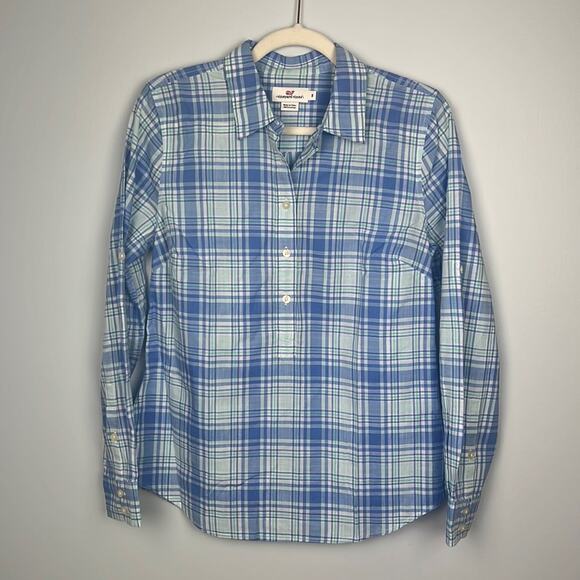 Vineyard Vines women’s popover plaid roll sleeve top size 8 100% cotton - Picture 1 of 8